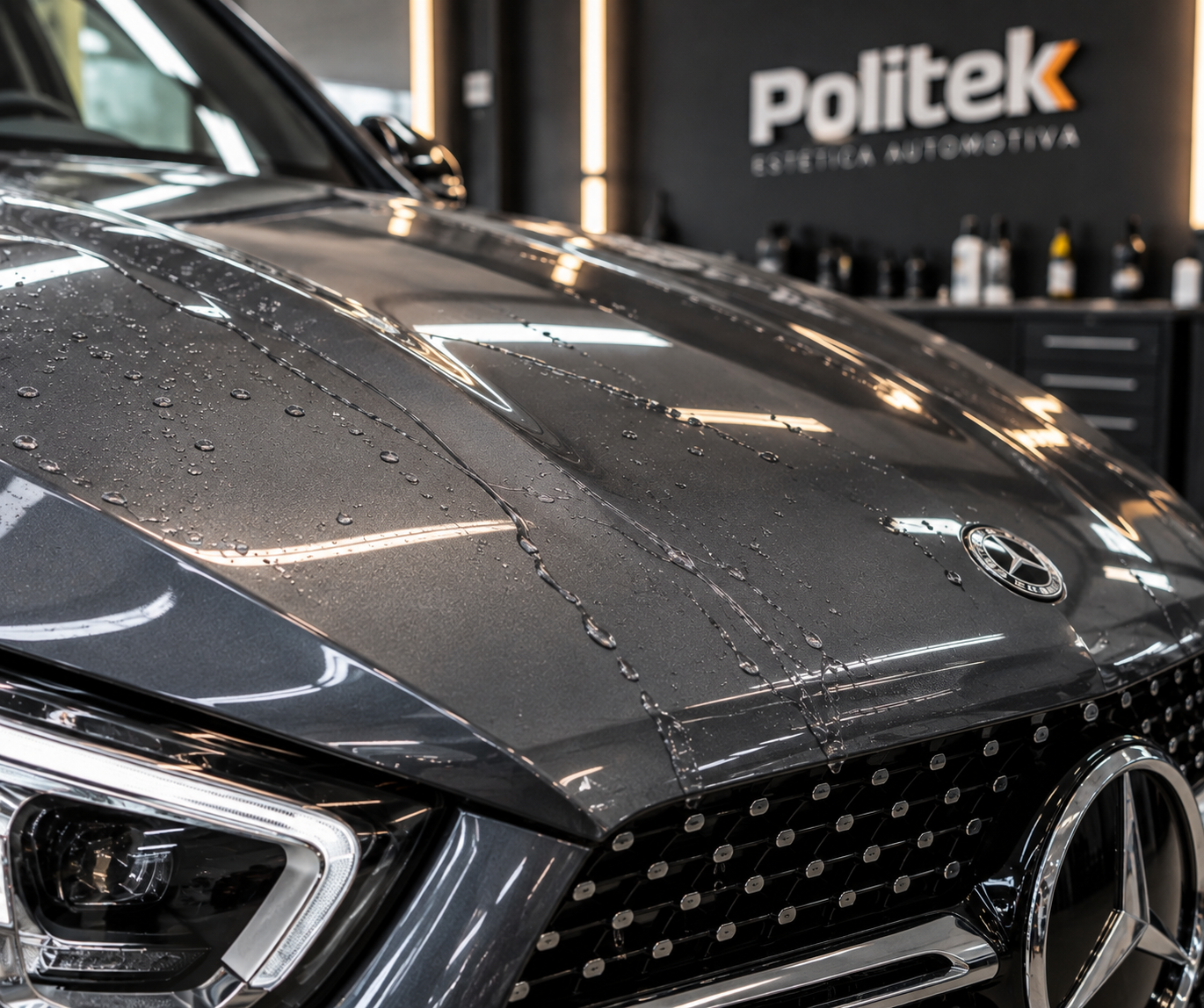 Água escorrendo sobre pintura automotiva com revestimento cerâmico